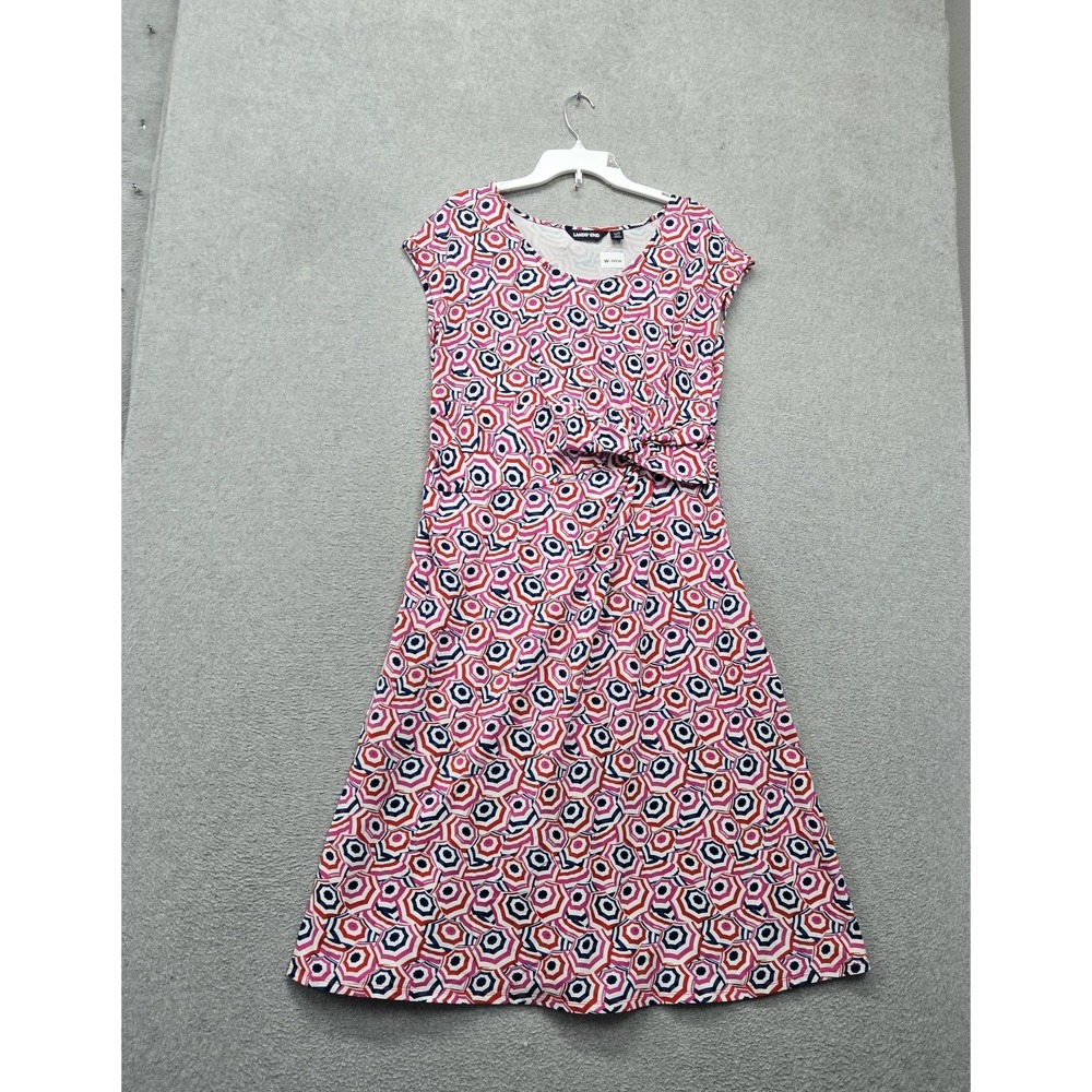 Lands' End Women Dress L Tall Pink Geometric Midi Fit & Flare Twist Front Casual